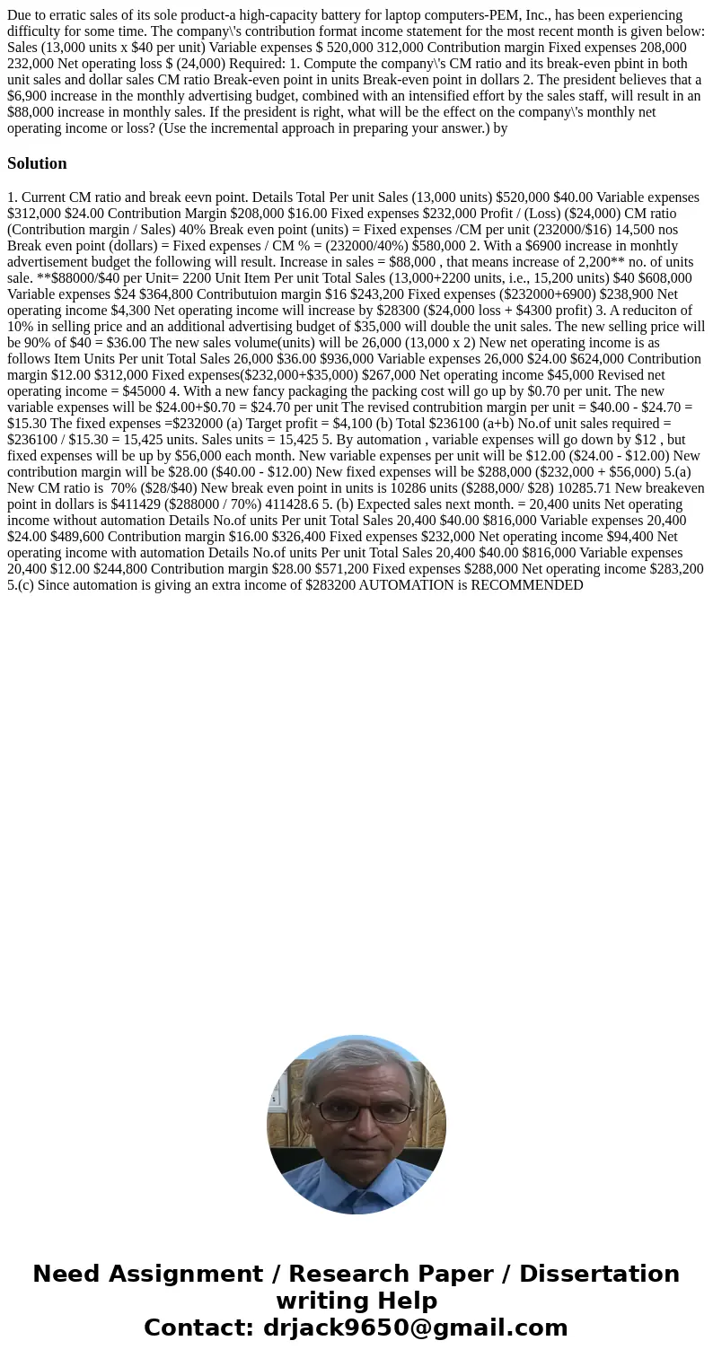 Due to erratic sales of its sole product-a high-capacity battery for laptop computers-PEM, Inc., has been experiencing difficulty for some time. The company\'s  Due to erratic sales of its sole product-a high-capacity battery for laptop computers-PEM, Inc., has been experiencing difficulty for some time. The company\'s