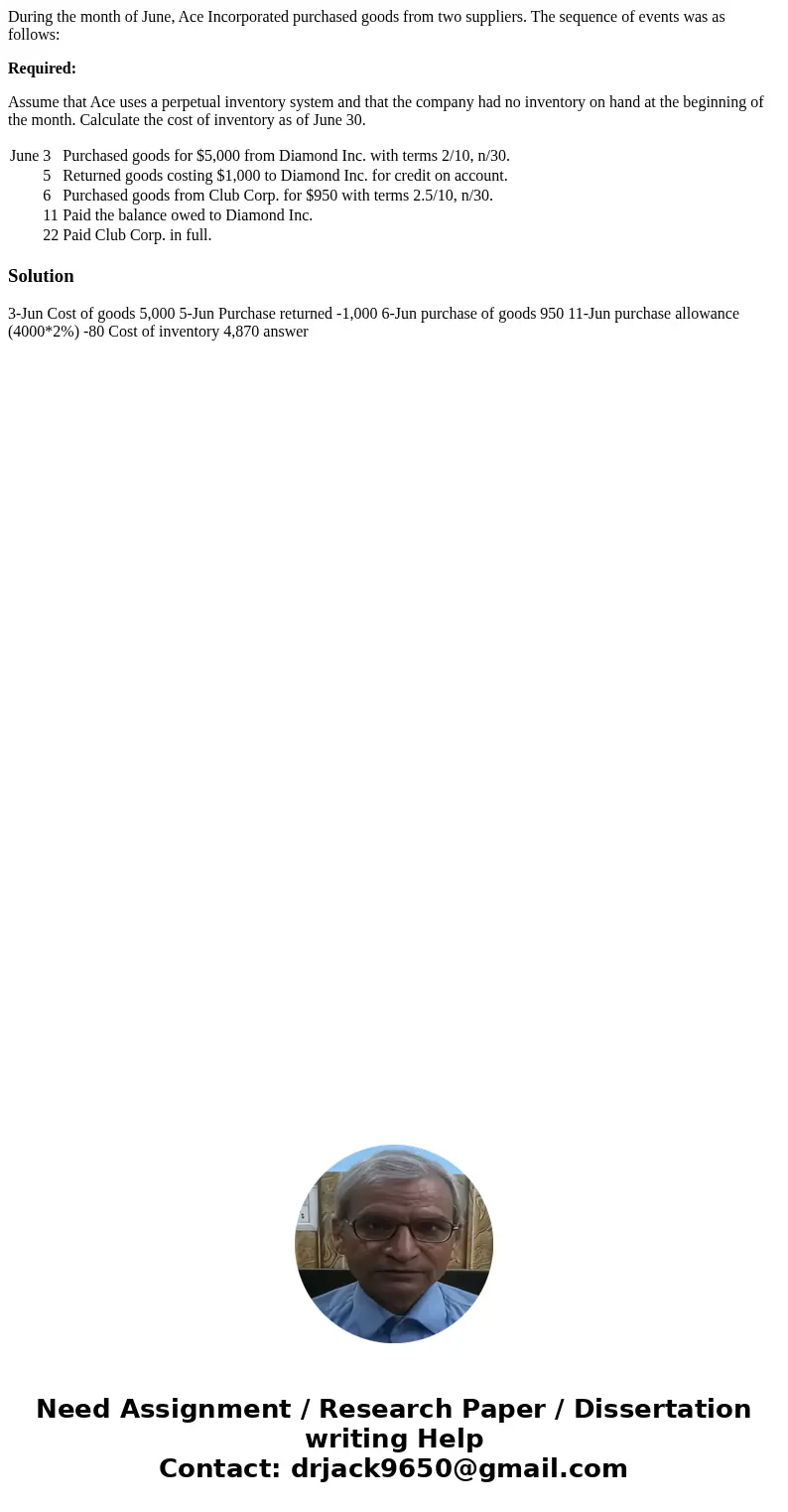 During the month of June, Ace Incorporated purchased goods from two suppliers. The sequence of events was as follows: Required: Assume that Ace uses a perpetual During the month of June, Ace Incorporated purchased goods from two suppliers. The sequence of events was as follows: Required: Assume that Ace uses a perpetual