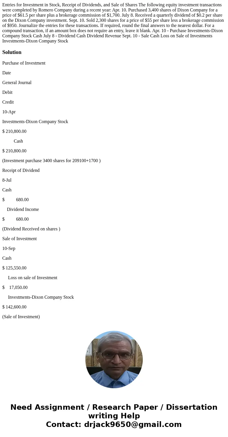 Entries for Investment in Stock, Receipt of Dividends, and Sale of Shares The following equity investment transactions were completed by Romero Company during a