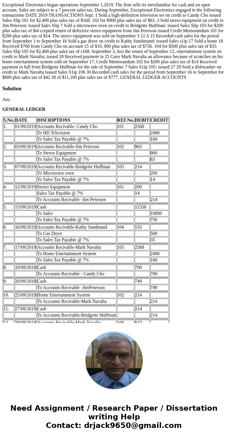 Exceptional Electronics began operations September 1,2019. The firm sells its merchandise for cash and on open account. Sales are subject to a 7 percent sales   Exceptional Electronics began operations September 1,2019. The firm sells its merchandise for cash and on open account. Sales are subject to a 7 percent sales