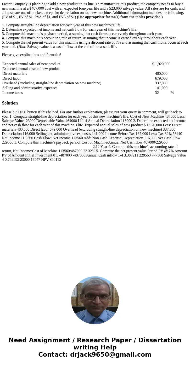 Factor Company is planning to add a new product to its line. To manufacture this product, the company needs to buy a new machine at a $487,000 cost with an expe