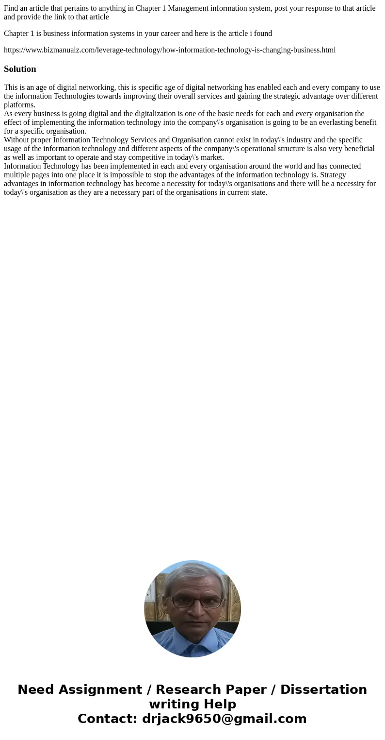 Find an article that pertains to anything in Chapter 1 Management information system, post your response to that article and provide the link to that article Ch Find an article that pertains to anything in Chapter 1 Management information system, post your response to that article and provide the link to that article Ch