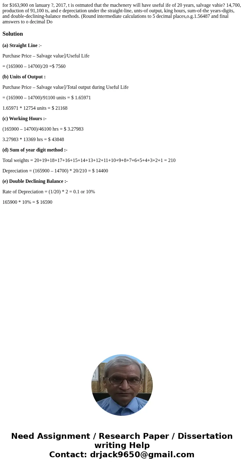 for $163,900 on lanuary ?, 2017, t is ostmated that the machenery will have useful ife of 20 years, salvage vahie? 14,700, production of 91,100 ts, and e depre  for $163,900 on lanuary ?, 2017, t is ostmated that the machenery will have useful ife of 20 years, salvage vahie? 14,700, production of 91,100 ts, and e depre