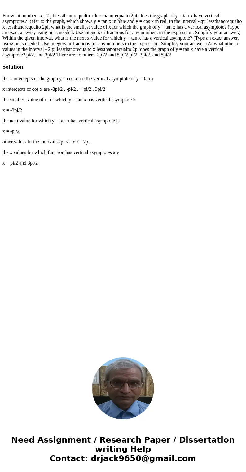  For what numbers x, -2 pi lessthanorequalto x lessthanorequalto 2pi, does the graph of y = tan x have vertical asymptotes? Refer to the graph, which shows y = 