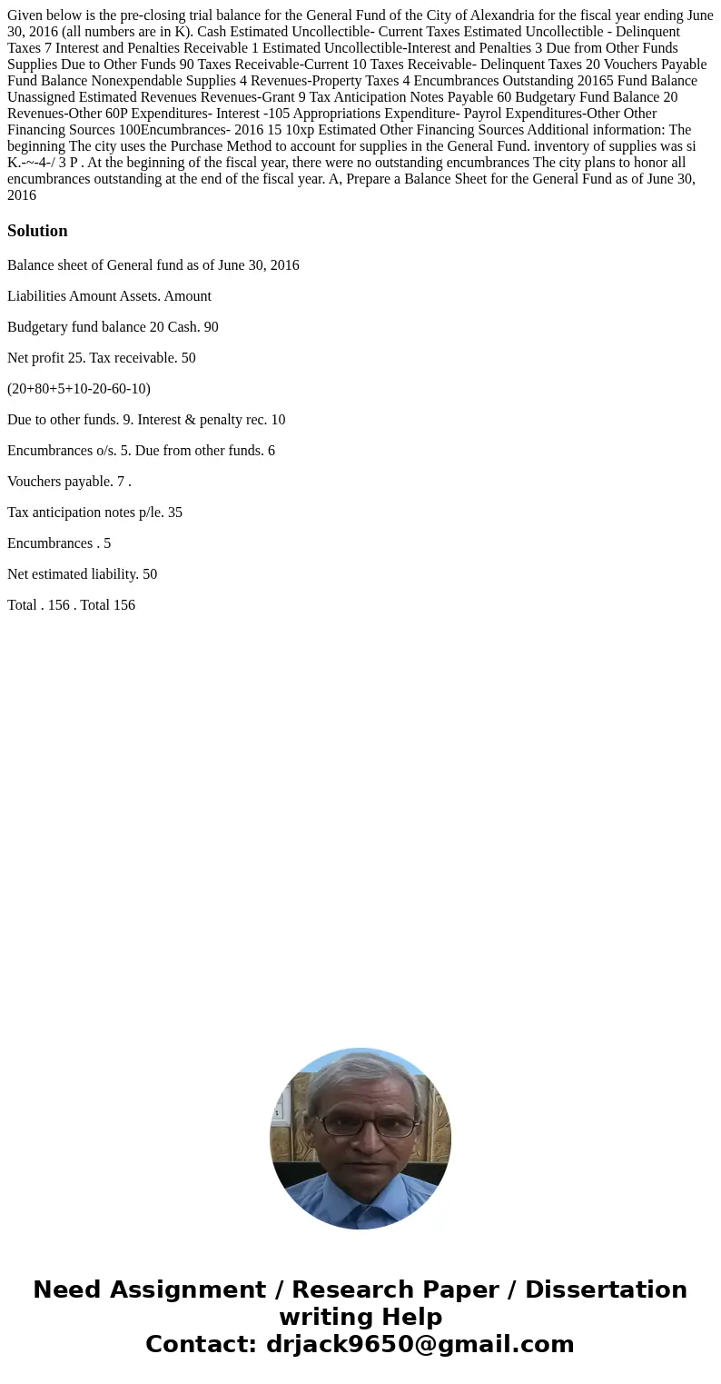 Given below is the pre-closing trial balance for the General Fund of the City of Alexandria for the fiscal year ending June 30, 2016 (all numbers are in K). Ca  Given below is the pre-closing trial balance for the General Fund of the City of Alexandria for the fiscal year ending June 30, 2016 (all numbers are in K). Ca