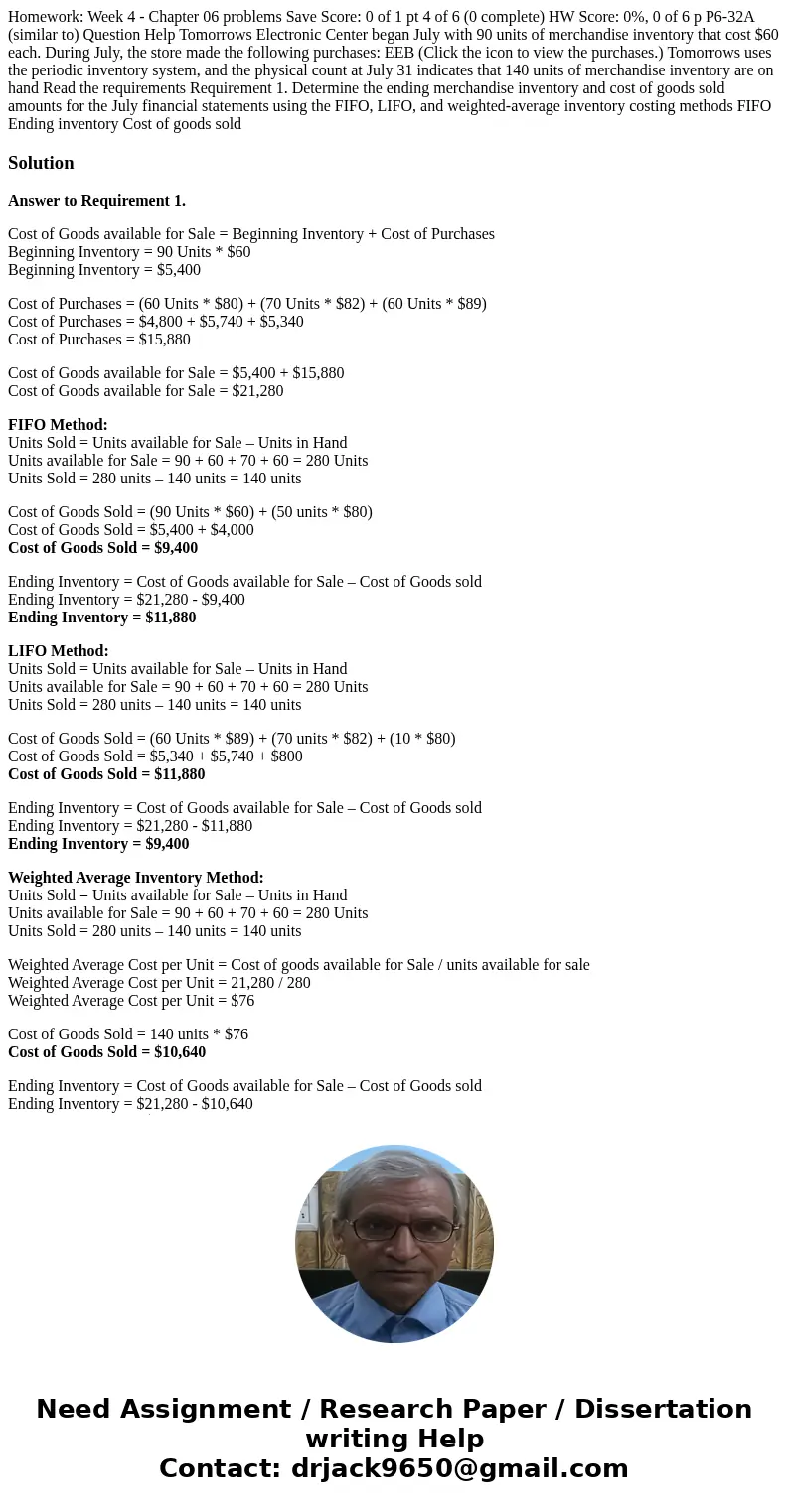 Homework: Week 4 - Chapter 06 problems Save Score: 0 of 1 pt 4 of 6 (0 complete) HW Score: 0%, 0 of 6 p P6-32A (similar to) Question Help Tomorrows Electronic   Homework: Week 4 - Chapter 06 problems Save Score: 0 of 1 pt 4 of 6 (0 complete) HW Score: 0%, 0 of 6 p P6-32A (similar to) Question Help Tomorrows Electronic
