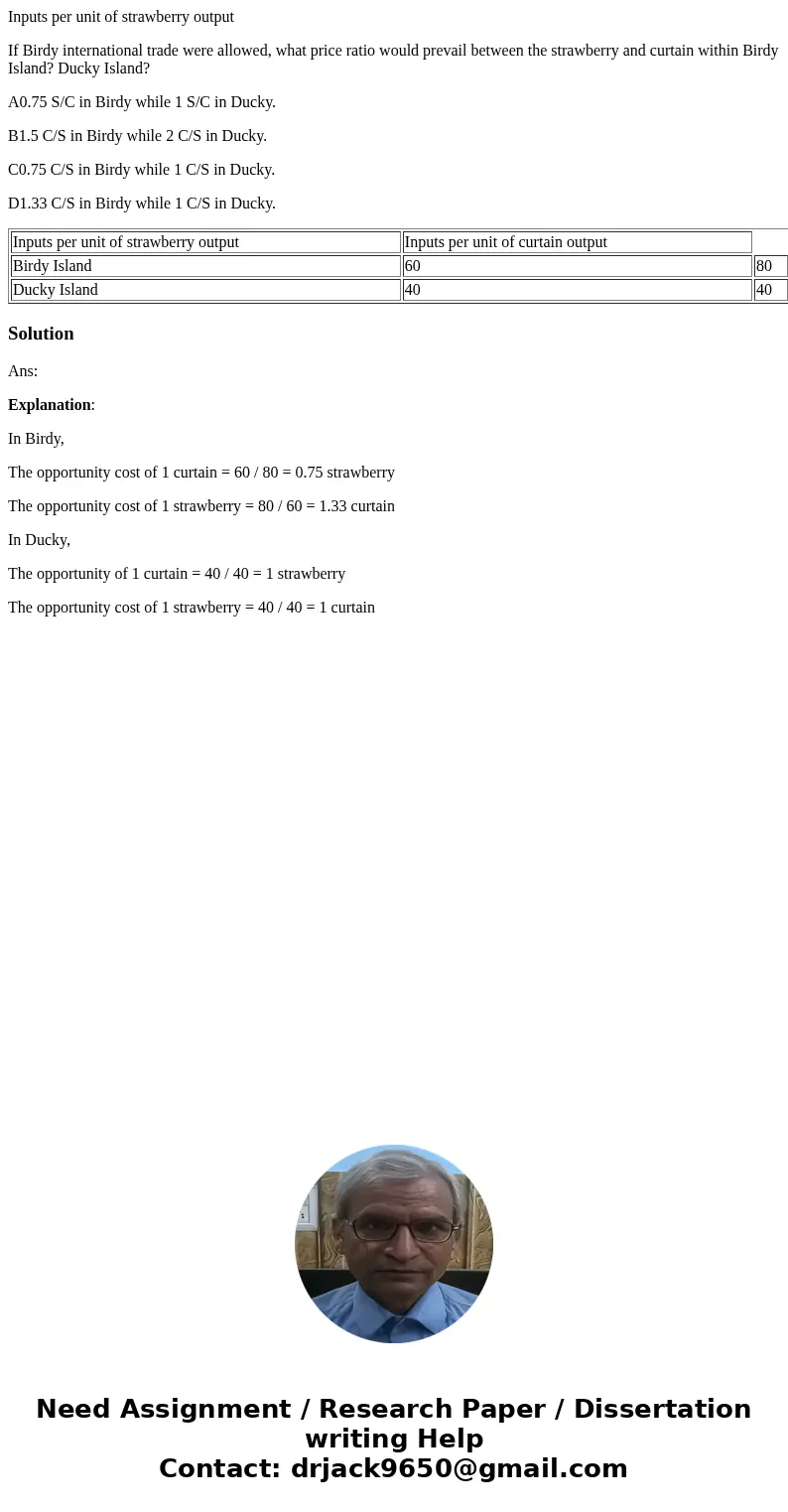 Inputs per unit of strawberry output If Birdy international trade were allowed, what price ratio would prevail between the strawberry and curtain within Birdy I Inputs per unit of strawberry output If Birdy international trade were allowed, what price ratio would prevail between the strawberry and curtain within Birdy I