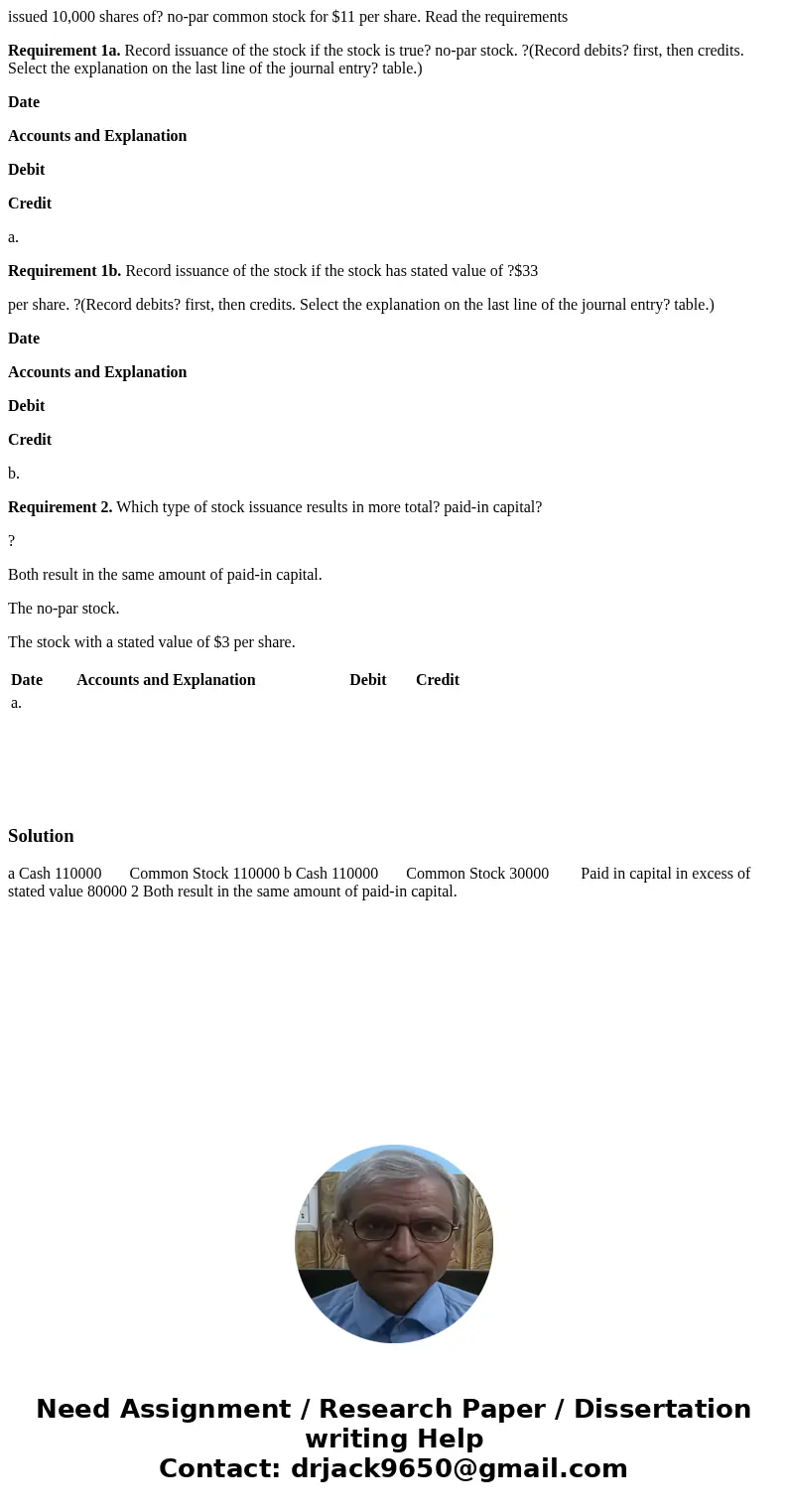 issued 10,000 shares of? no-par common stock for $11 per share. Read the requirements Requirement 1a. Record issuance of the stock if the stock is true? no-par 