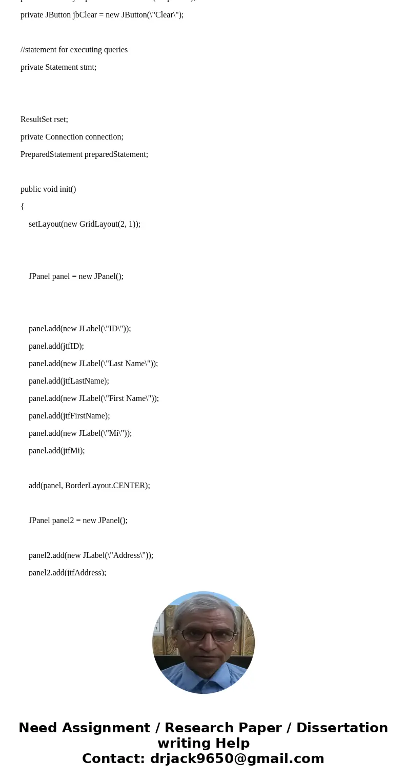 Java Database Connect Write a program that views, inserts, and updates staff information stored in a database, as shown below. The view button displays a record Java Database Connect Write a program that views, inserts, and updates staff information stored in a database, as shown below. The view button displays a record