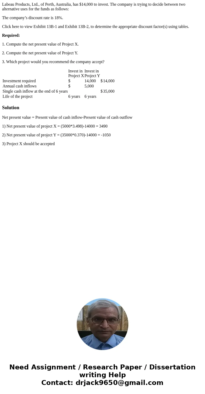 Labeau Products, Ltd., of Perth, Australia, has $14,000 to invest. The company is trying to decide between two alternative uses for the funds as follows: The co