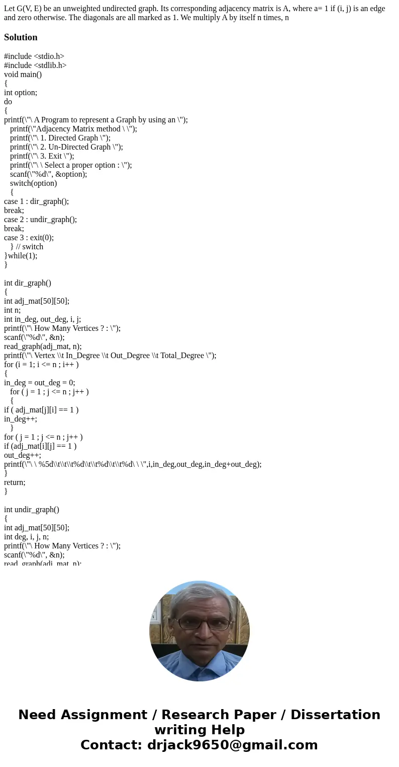 Let G(V, E) be an unweighted undirected graph. Its corresponding adjacency matrix is A, where a= 1 if (i, j) is an edge and zero otherwise. The diagonals are a  Let G(V, E) be an unweighted undirected graph. Its corresponding adjacency matrix is A, where a= 1 if (i, j) is an edge and zero otherwise. The diagonals are a