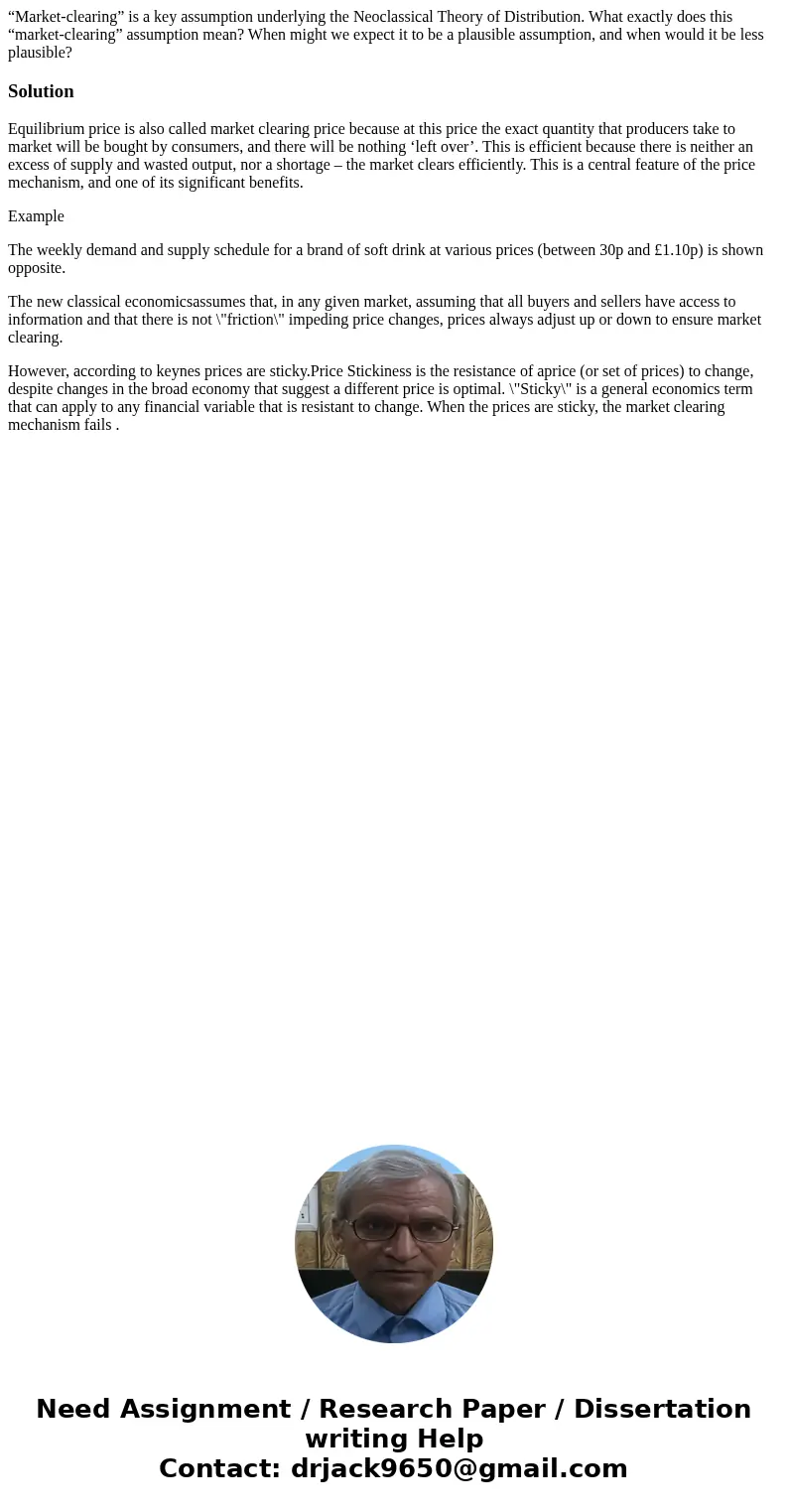 “Market-clearing” is a key assumption underlying the Neoclassical Theory of Distribution. What exactly does this “market-clearing” assumption mean? When might w “Market-clearing” is a key assumption underlying the Neoclassical Theory of Distribution. What exactly does this “market-clearing” assumption mean? When might w