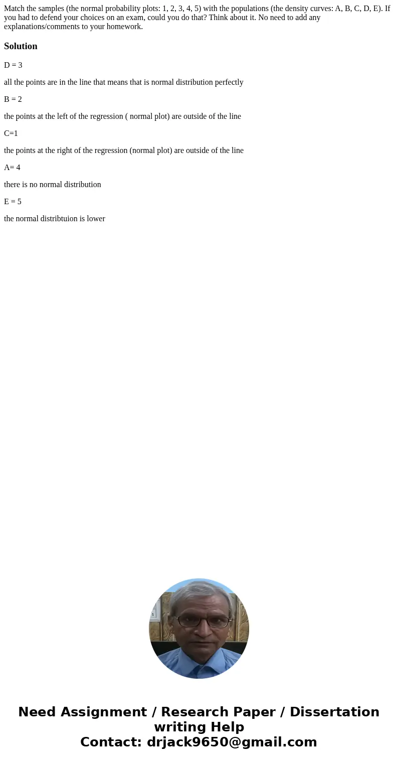 Match the samples (the normal probability plots: 1, 2, 3, 4, 5) with the populations (the density curves: A, B, C, D, E). If you had to defend your choices on   Match the samples (the normal probability plots: 1, 2, 3, 4, 5) with the populations (the density curves: A, B, C, D, E). If you had to defend your choices on