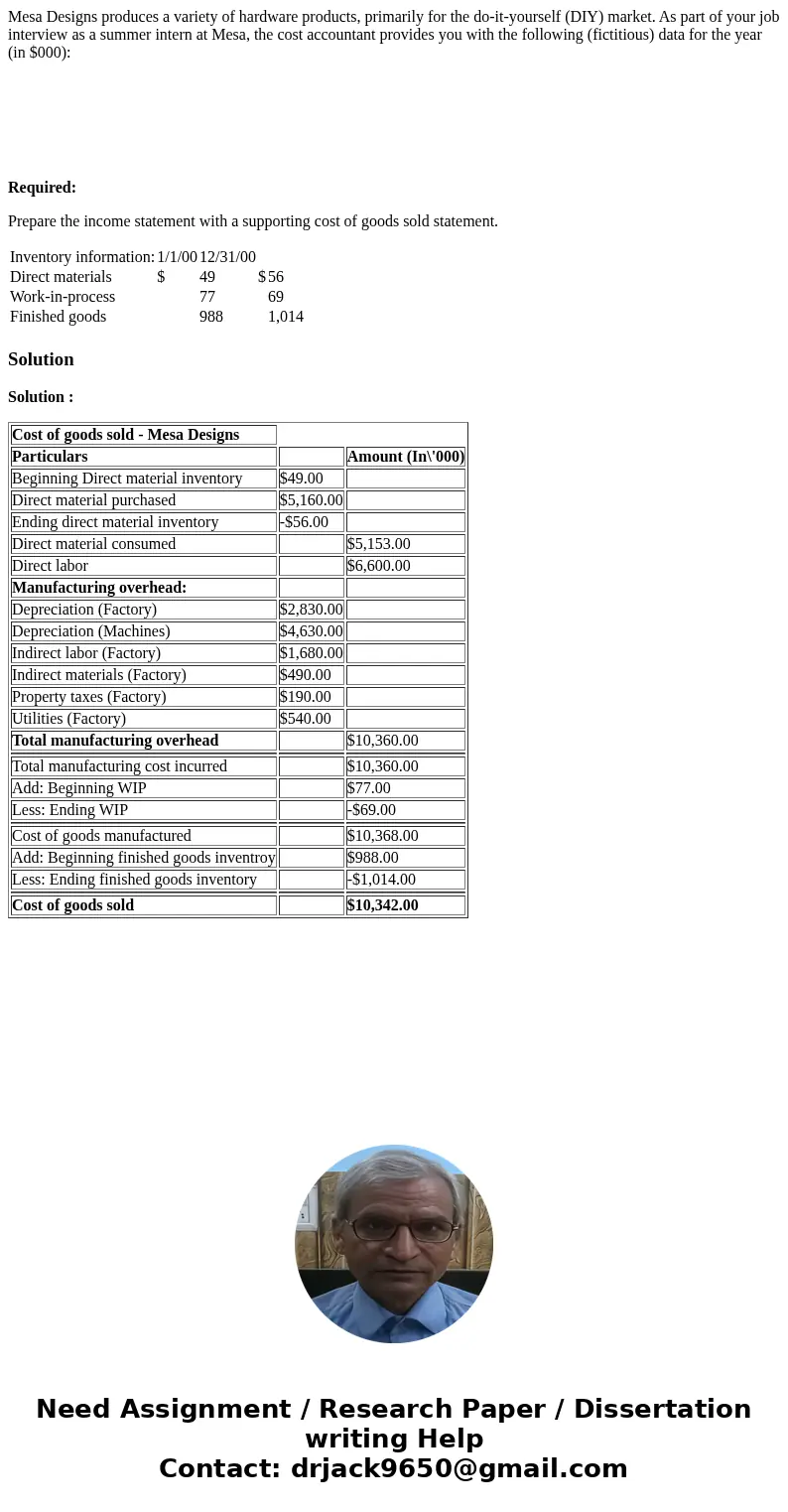 Mesa Designs produces a variety of hardware products, primarily for the do-it-yourself (DIY) market. As part of your job interview as a summer intern at Mesa, t