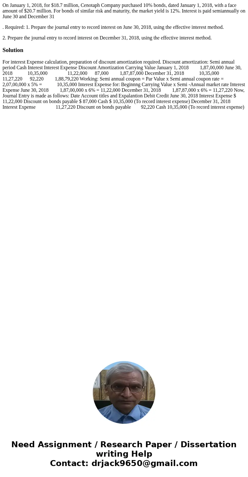 On January 1, 2018, for $18.7 million, Cenotaph Company purchased 10% bonds, dated January 1, 2018, with a face amount of $20.7 million. For bonds of similar ri