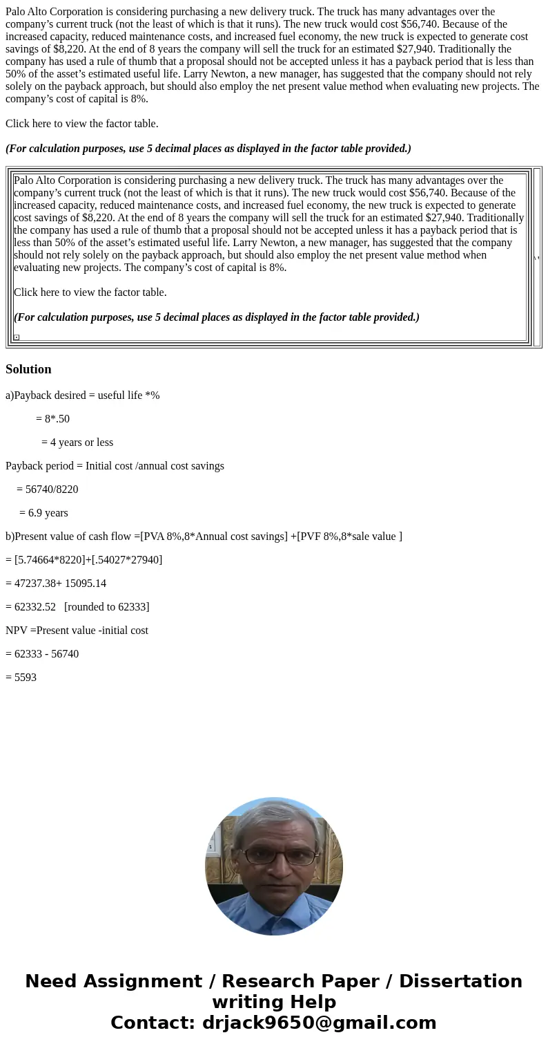 Palo Alto Corporation is considering purchasing a new delivery truck. The truck has many advantages over the company’s current truck (not the least of which is 