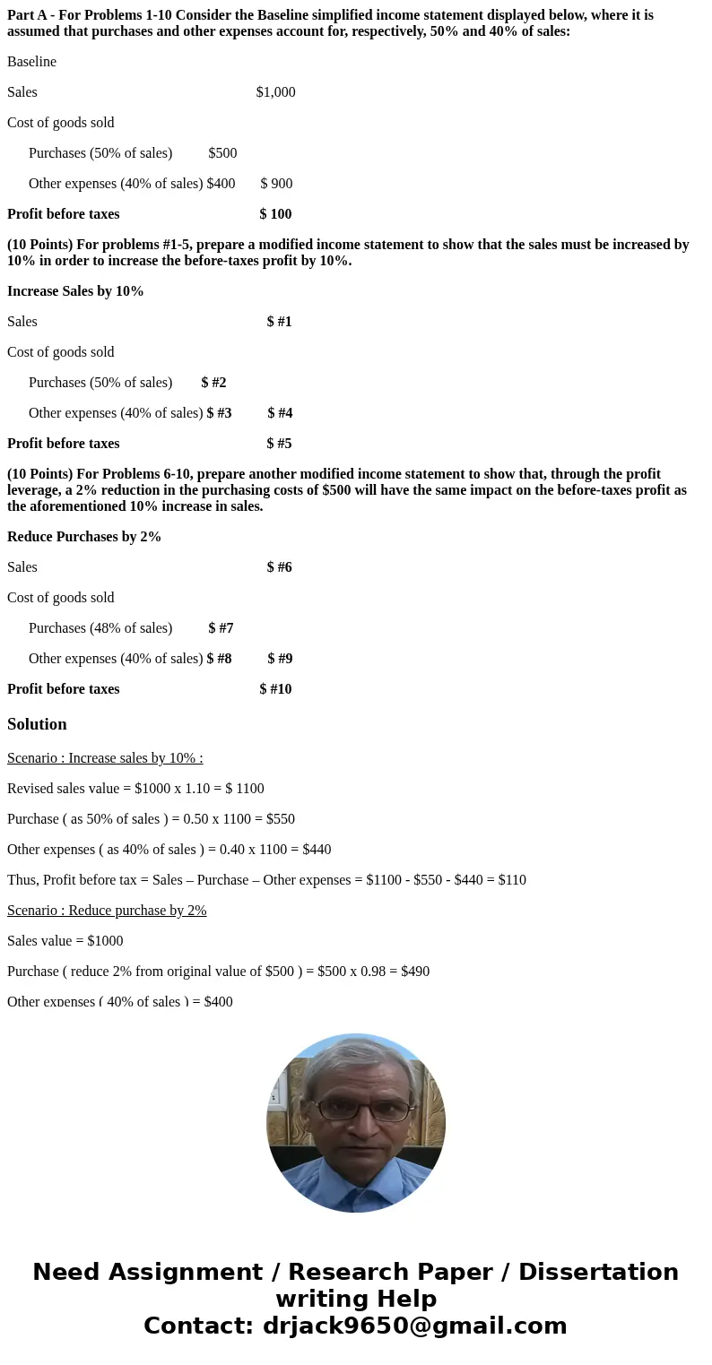 Part A - For Problems 1-10 Consider the Baseline simplified income statement displayed below, where it is assumed that purchases and other expenses account for, Part A - For Problems 1-10 Consider the Baseline simplified income statement displayed below, where it is assumed that purchases and other expenses account for,