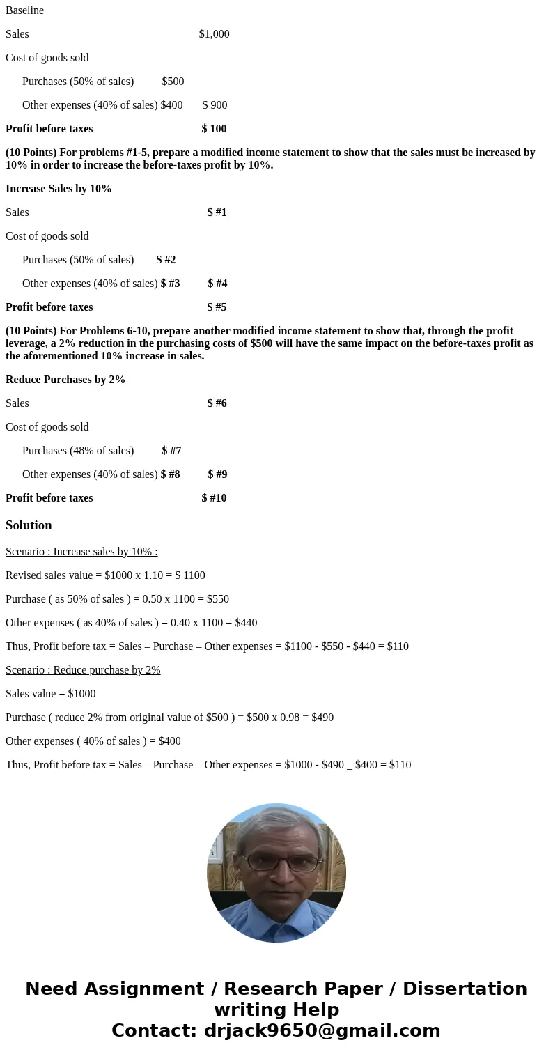 Part A - For Problems 1-10 Consider the Baseline simplified income statement displayed below, where it is assumed that purchases and other expenses account for, Part A - For Problems 1-10 Consider the Baseline simplified income statement displayed below, where it is assumed that purchases and other expenses account for,