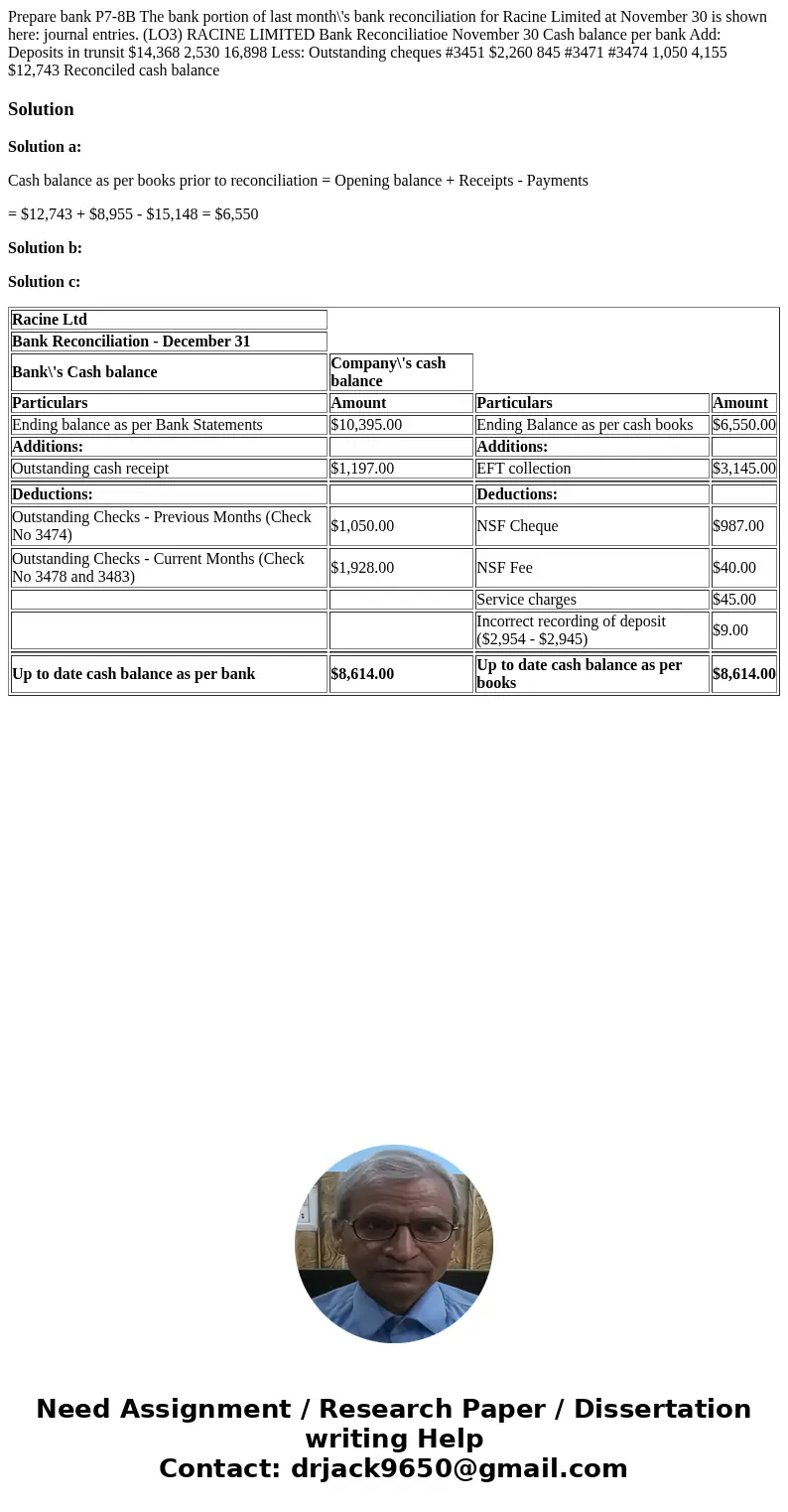  Prepare bank P7-8B The bank portion of last month\'s bank reconciliation for Racine Limited at November 30 is shown here: journal entries. (LO3) RACINE LIMITED