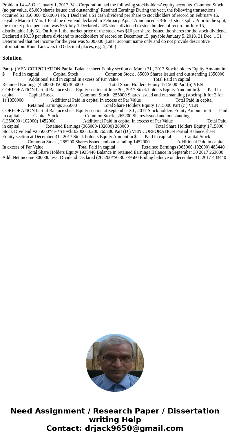 Problem 14-4A On January 1, 2017, Ven Corporation had the following stockholders\' equity accounts. Common Stock (no par value, 85,000 shares issued and outsta  Problem 14-4A On January 1, 2017, Ven Corporation had the following stockholders\' equity accounts. Common Stock (no par value, 85,000 shares issued and outsta