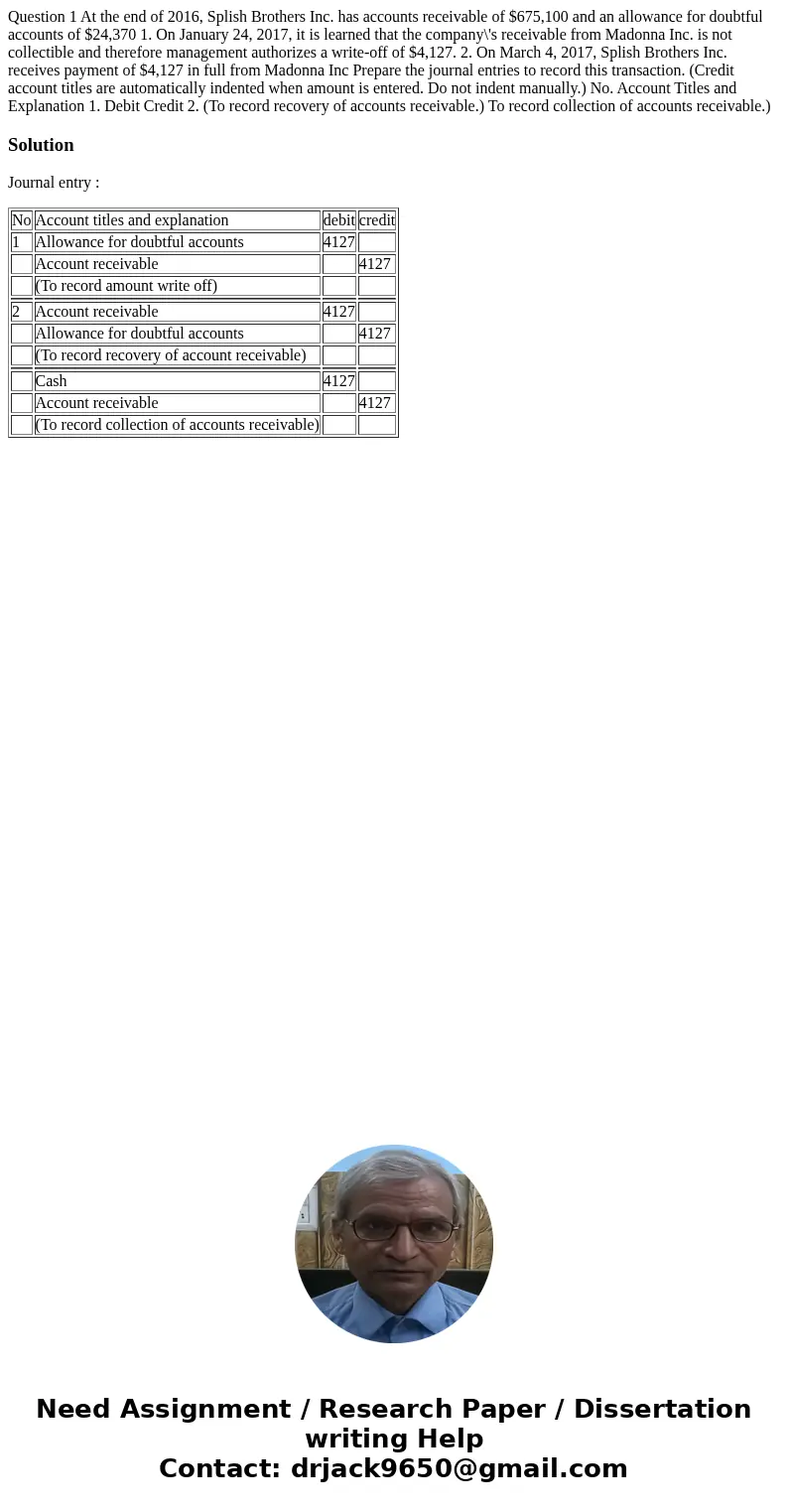 Question 1 At the end of 2016, Splish Brothers Inc. has accounts receivable of $675,100 and an allowance for doubtful accounts of $24,370 1. On January 24, 201  Question 1 At the end of 2016, Splish Brothers Inc. has accounts receivable of $675,100 and an allowance for doubtful accounts of $24,370 1. On January 24, 201