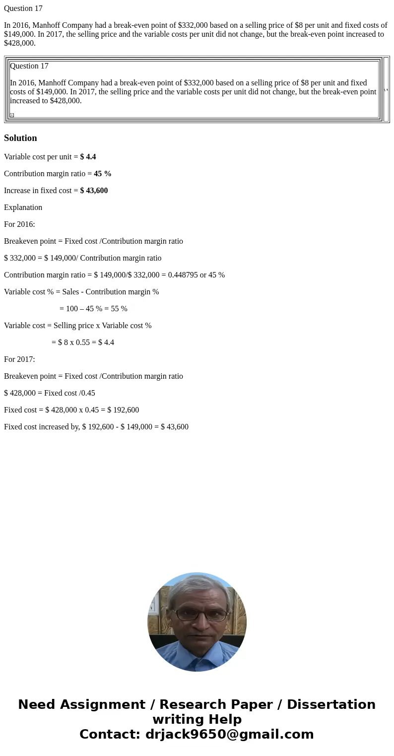 Question 17 In 2016, Manhoff Company had a break-even point of $332,000 based on a selling price of $8 per unit and fixed costs of $149,000. In 2017, the sellin