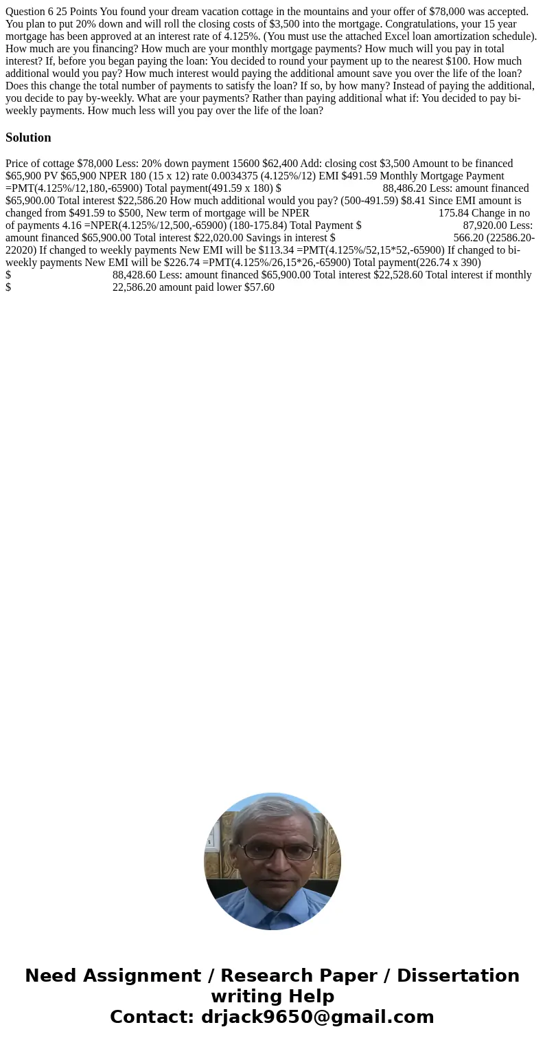 Question 6 25 Points You found your dream vacation cottage in the mountains and your offer of $78,000 was accepted. You plan to put 20% down and will roll the c Question 6 25 Points You found your dream vacation cottage in the mountains and your offer of $78,000 was accepted. You plan to put 20% down and will roll the c