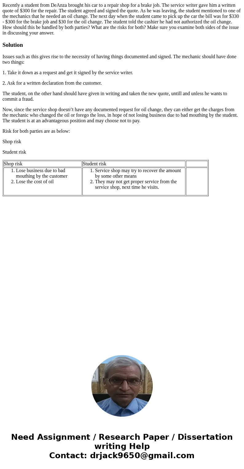 Recently a student from DeAnza brought his car to a repair shop for a brake job. The service writer gave him a written quote of $300 for the repair. The student