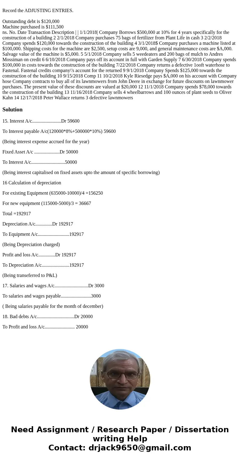  Record the ADJUSTING ENTRIES. Outstanding debt is $120,000 Machine purchased is $111,500 ns. No. Date Transaction Description | | 1/1/2018| Company Borrows $50