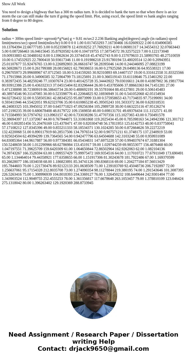 Show All Work You need to design a highway that has a 300 m radius turn. It is decided to bank the turn so that when there is an ice storm the car can still mak Show All Work You need to design a highway that has a 300 m radius turn. It is decided to bank the turn so that when there is an ice storm the car can still mak