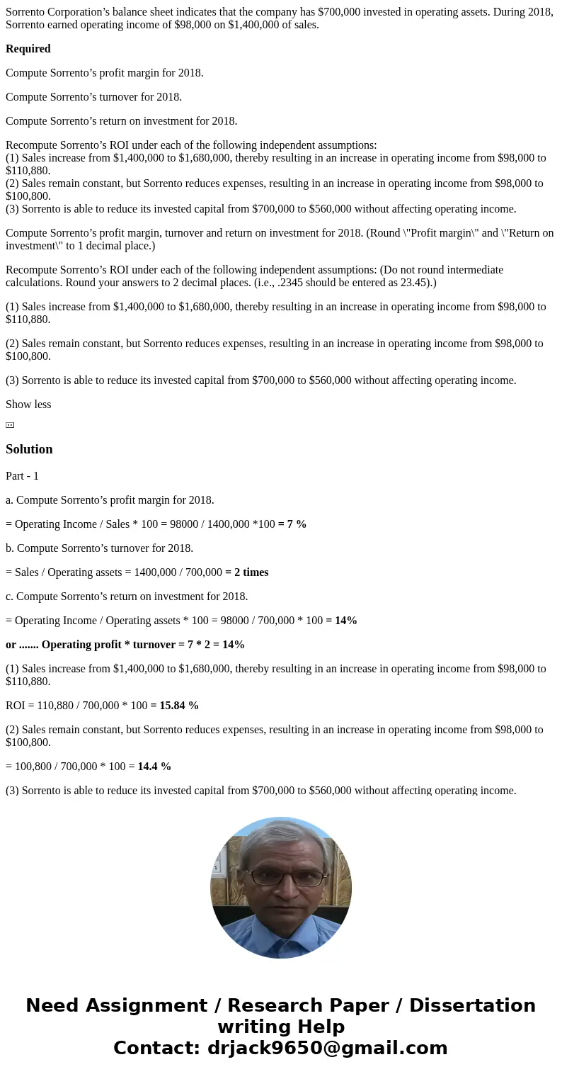 Sorrento Corporation’s balance sheet indicates that the company has $700,000 invested in operating assets. During 2018, Sorrento earned operating income of $98, Sorrento Corporation’s balance sheet indicates that the company has $700,000 invested in operating assets. During 2018, Sorrento earned operating income of $98,