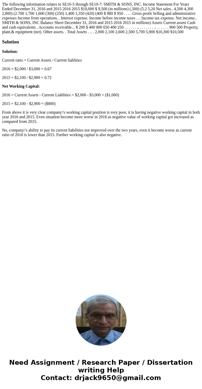 The following information relates to SE10-5 through SE10-7: SMITH & SONS, INC. Income Statement For Years Ended December 31, 2016 and 2015 2016 2015 $10,00  The following information relates to SE10-5 through SE10-7: SMITH & SONS, INC. Income Statement For Years Ended December 31, 2016 and 2015 2016 2015 $10,00