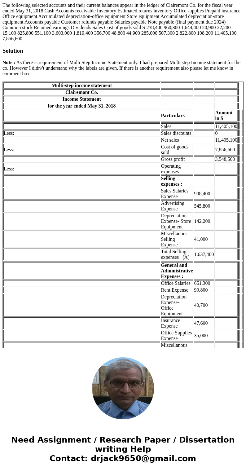  The following selected accounts and their current balances appear in the ledger of Clairemont Co. for the fiscal year ended May 31, 2018 Cash Accounts receivab