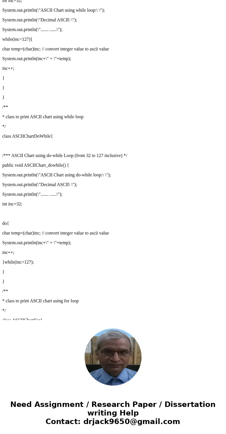 THE PROBBLEM: Design and write a program in java that will write out all the printable characters in the ASCII chart with their corresponding ASCII code values. THE PROBBLEM: Design and write a program in java that will write out all the printable characters in the ASCII chart with their corresponding ASCII code values.
