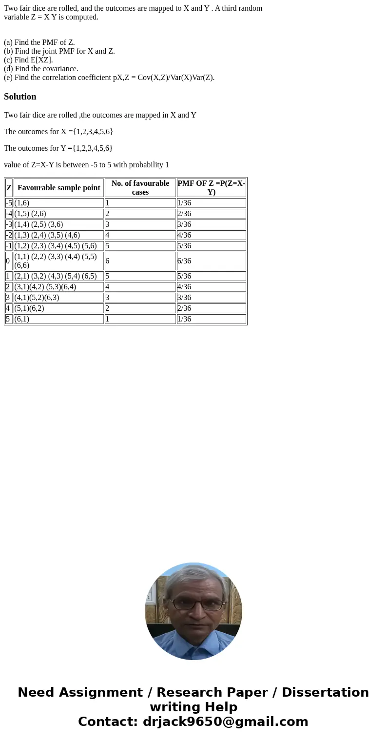 Two fair dice are rolled, and the outcomes are mapped to X and Y . A third random variable Z = X Y is computed. (a) Find the PMF of Z. (b) Find the joint PMF fo Two fair dice are rolled, and the outcomes are mapped to X and Y . A third random variable Z = X Y is computed. (a) Find the PMF of Z. (b) Find the joint PMF fo