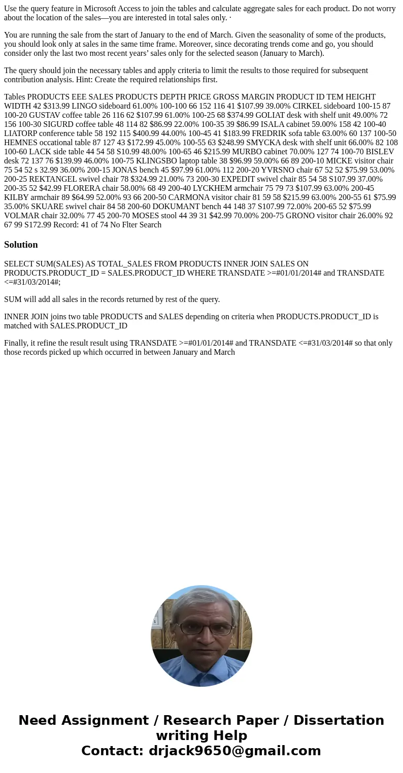 Use the query feature in Microsoft Access to join the tables and calculate aggregate sales for each product. Do not worry about the location of the sales—you ar