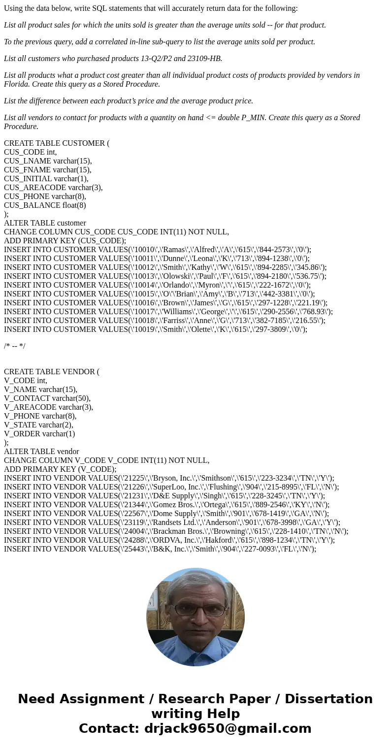 Using the data below, write SQL statements that will accurately return data for the following: List all product sales for which the units sold is greater than t