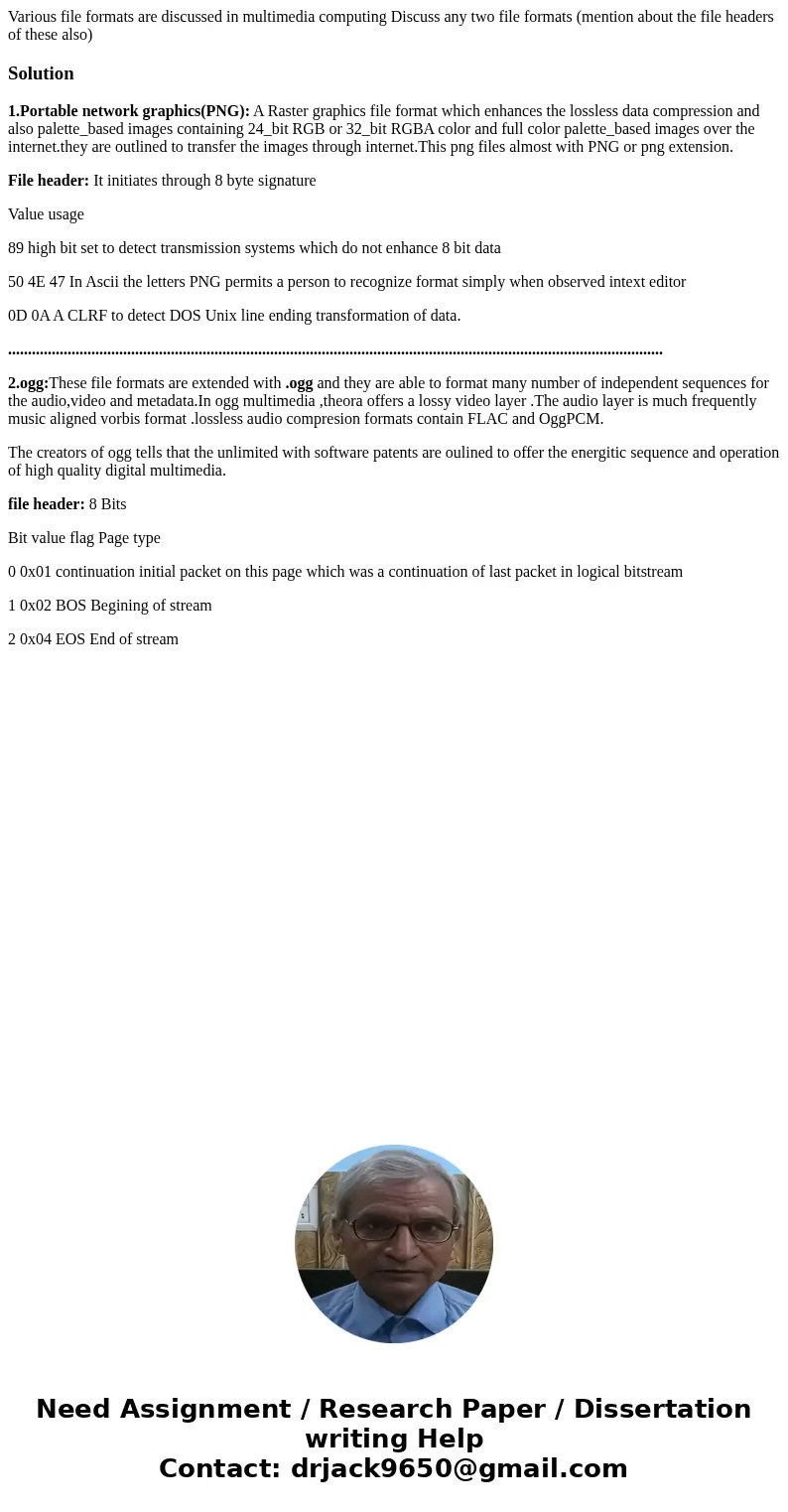Various file formats are discussed in multimedia computing Discuss any two file formats (mention about the file headers of these also)Solution1.Portable networ  Various file formats are discussed in multimedia computing Discuss any two file formats (mention about the file headers of these also)Solution1.Portable networ