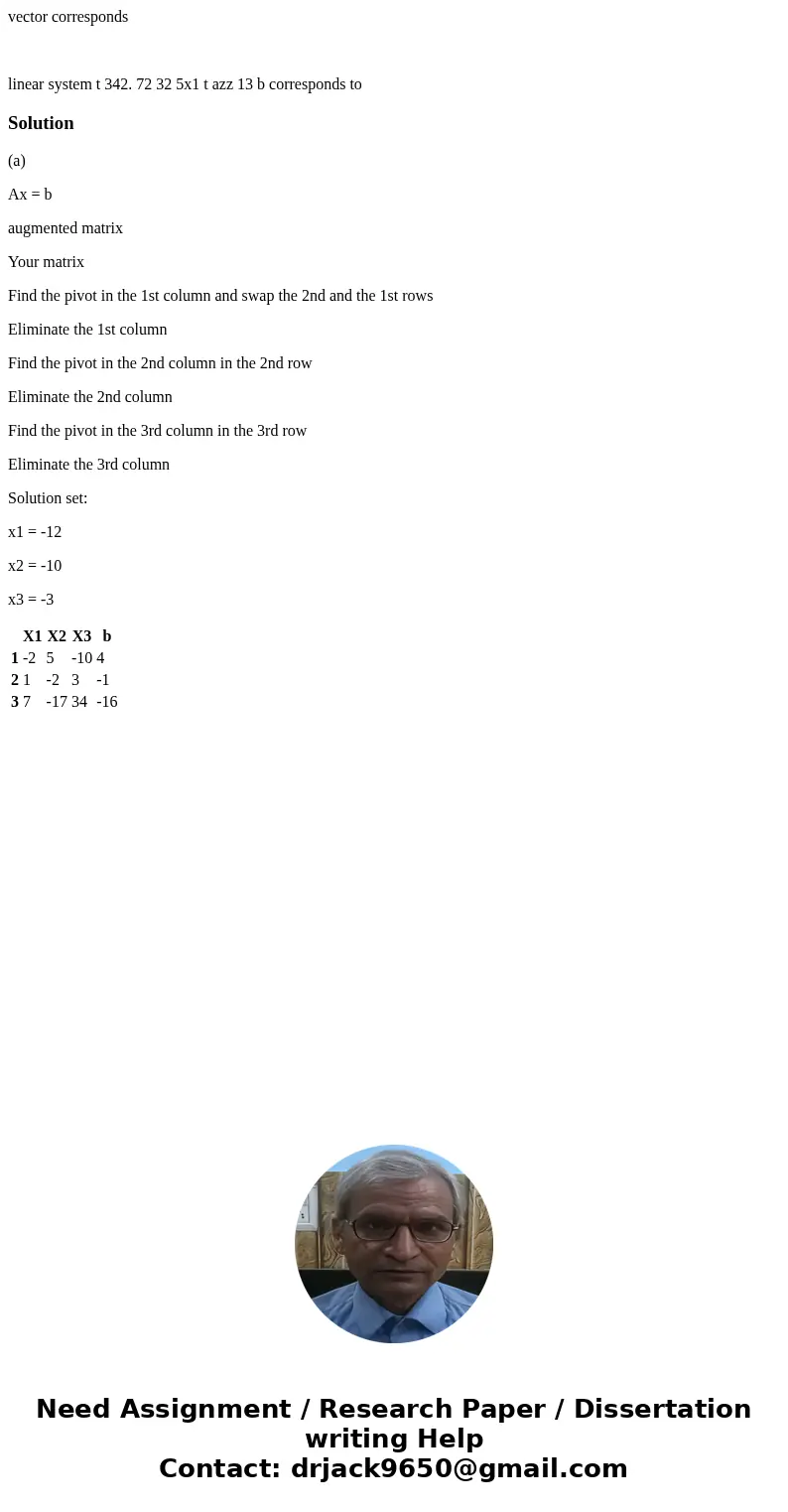 vector corresponds linear system t 342. 72 32 5x1 t azz 13 b corresponds to Solution(a) Ax = b augmented matrix Your matrix Find the pivot in the 1st column and vector corresponds linear system t 342. 72 32 5x1 t azz 13 b corresponds to Solution(a) Ax = b augmented matrix Your matrix Find the pivot in the 1st column and
