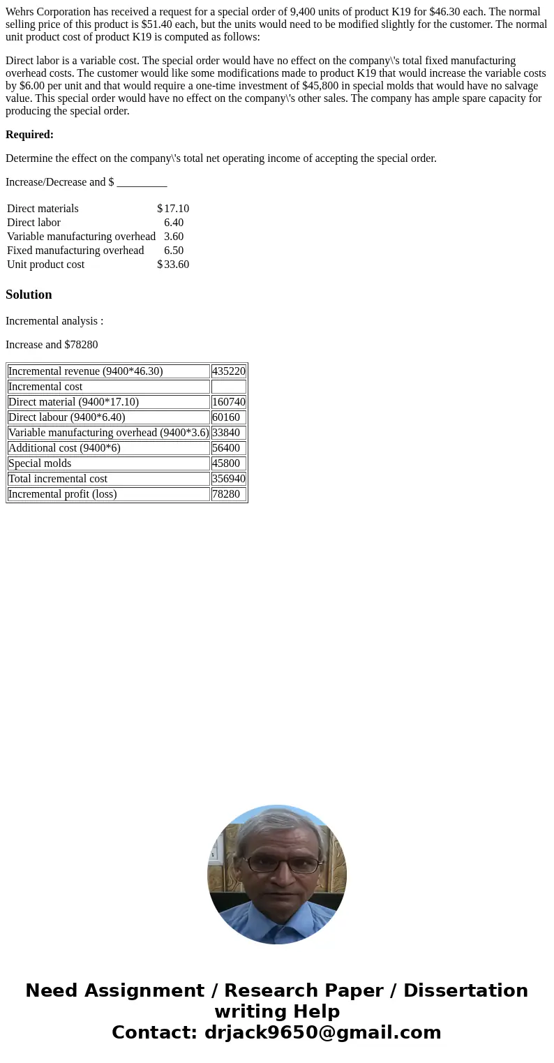 Wehrs Corporation has received a request for a special order of 9,400 units of product K19 for $46.30 each. The normal selling price of this product is $51.40 e