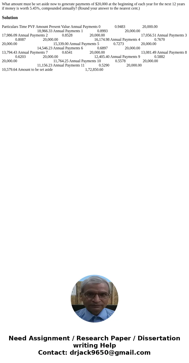 What amount must be set aside now to generate payments of $20,000 at the beginning of each year for the next 12 years if money is worth 5.45%, compounded annual What amount must be set aside now to generate payments of $20,000 at the beginning of each year for the next 12 years if money is worth 5.45%, compounded annual