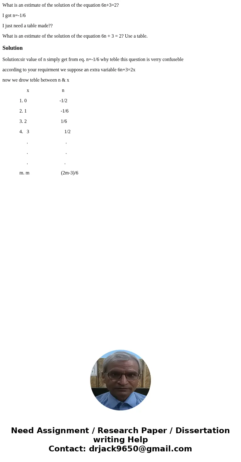 What is an estimate of the solution of the equation 6n+3=2? I got n=-1/6 I just need a table made?? What is an estimate of the solution of the equation 6n + 3 = What is an estimate of the solution of the equation 6n+3=2? I got n=-1/6 I just need a table made?? What is an estimate of the solution of the equation 6n + 3 =