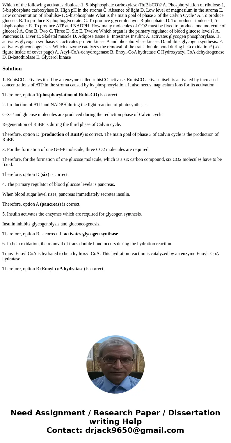 Which of the following activates ribulose-1, 5-bisphosphate carboxylase (RuBisCO)? A. Phosphorylation of ribulose-1, 5-bispbosphate carboxylase B. High pH in t  Which of the following activates ribulose-1, 5-bisphosphate carboxylase (RuBisCO)? A. Phosphorylation of ribulose-1, 5-bispbosphate carboxylase B. High pH in t