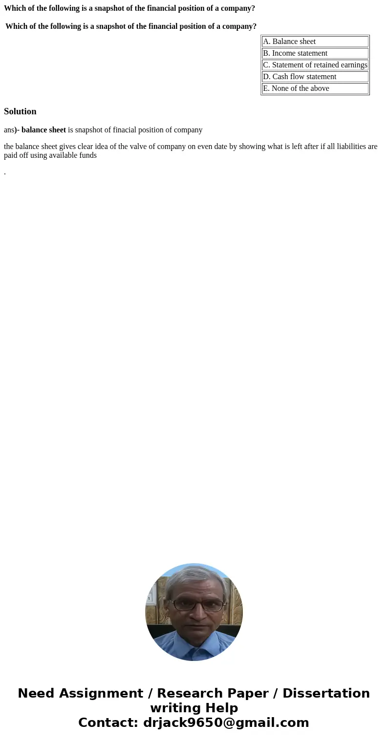 Which of the following is a snapshot of the financial position of a company? Which of the following is a snapshot of the financial position of a company? A. Bal