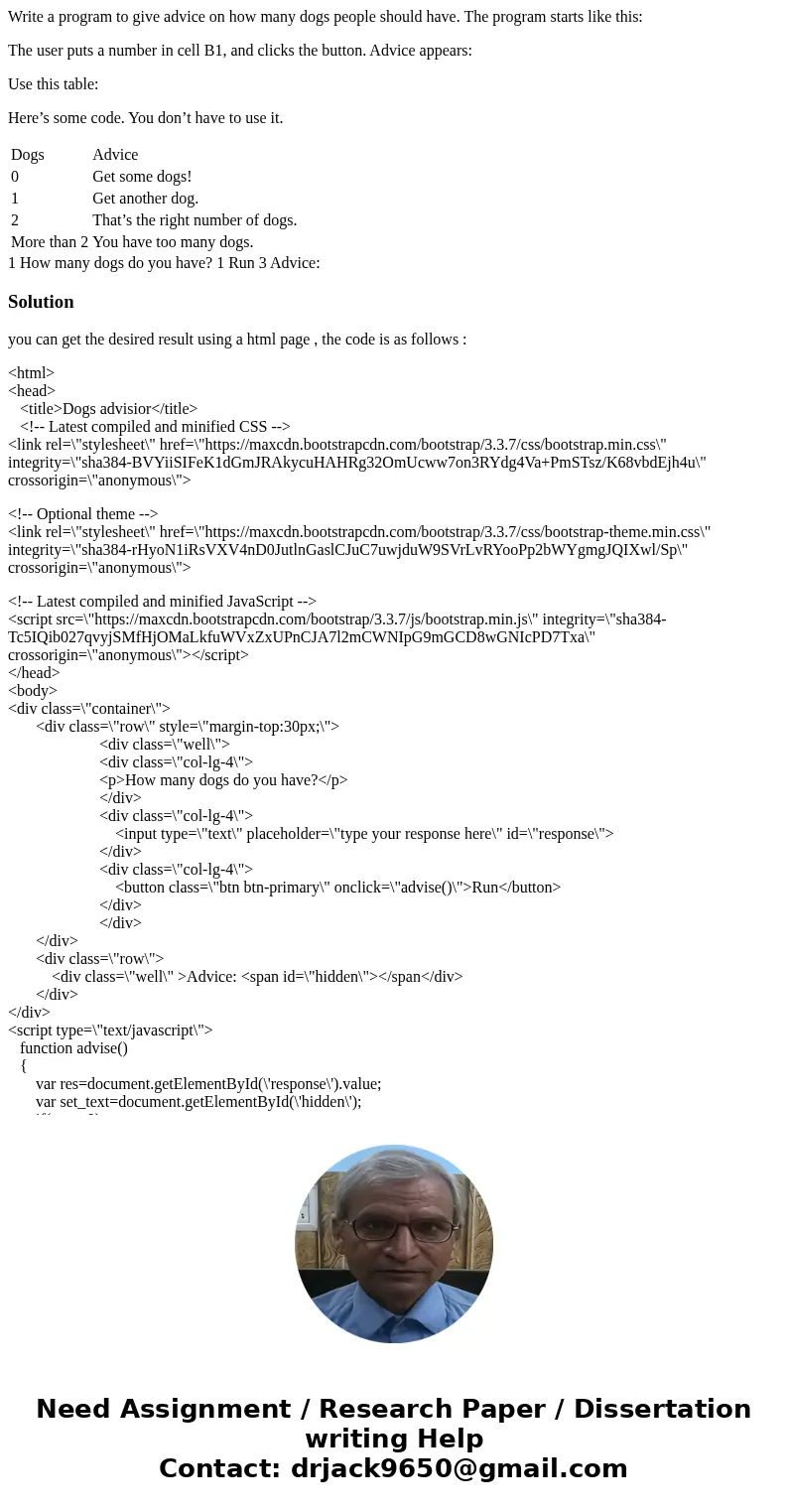 Write a program to give advice on how many dogs people should have. The program starts like this: The user puts a number in cell B1, and clicks the button. Advi Write a program to give advice on how many dogs people should have. The program starts like this: The user puts a number in cell B1, and clicks the button. Advi