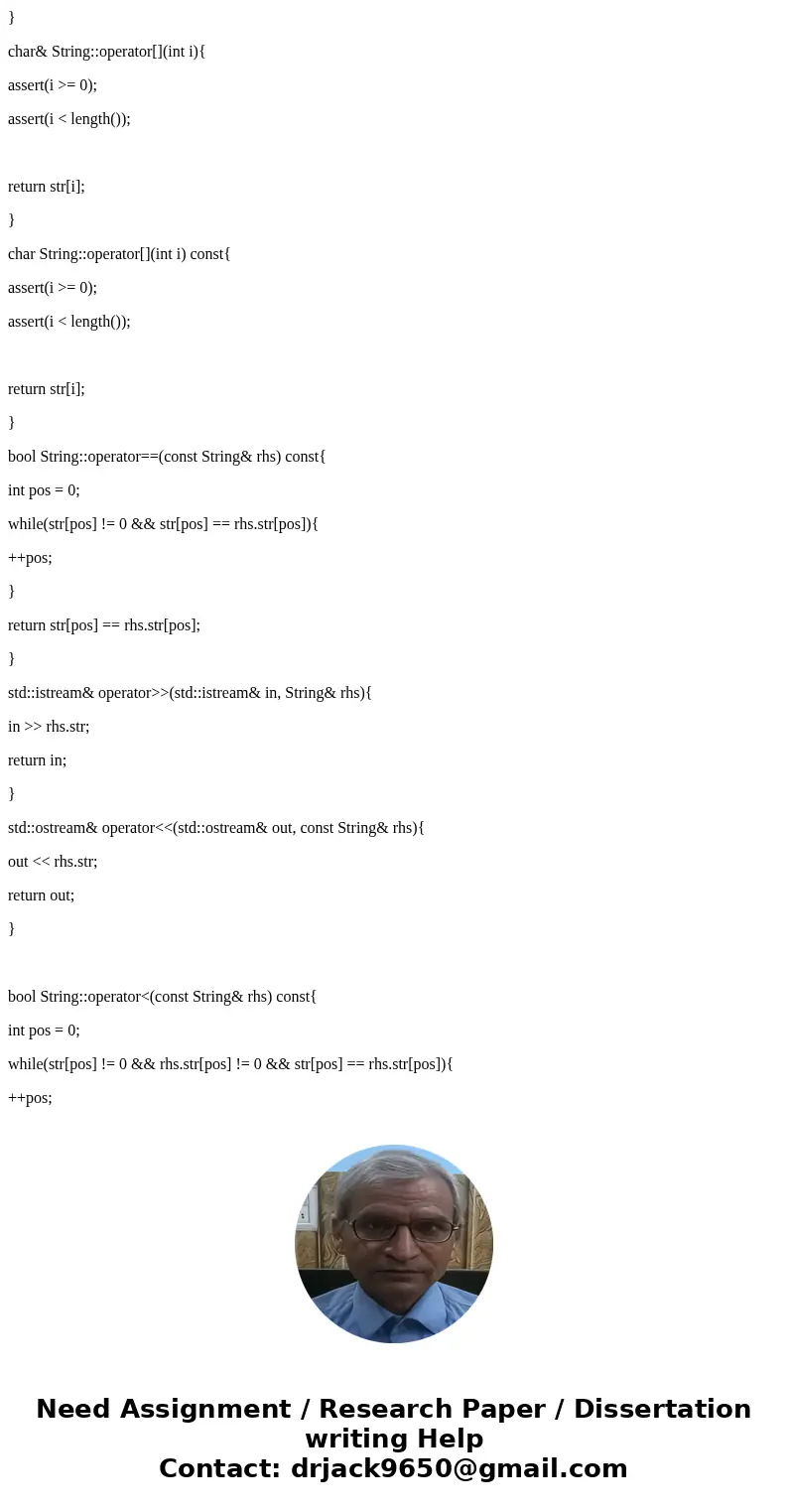 Write test cases in C++ for the following code using #using <cassert> to test every method and function implemented within the String class. These should 