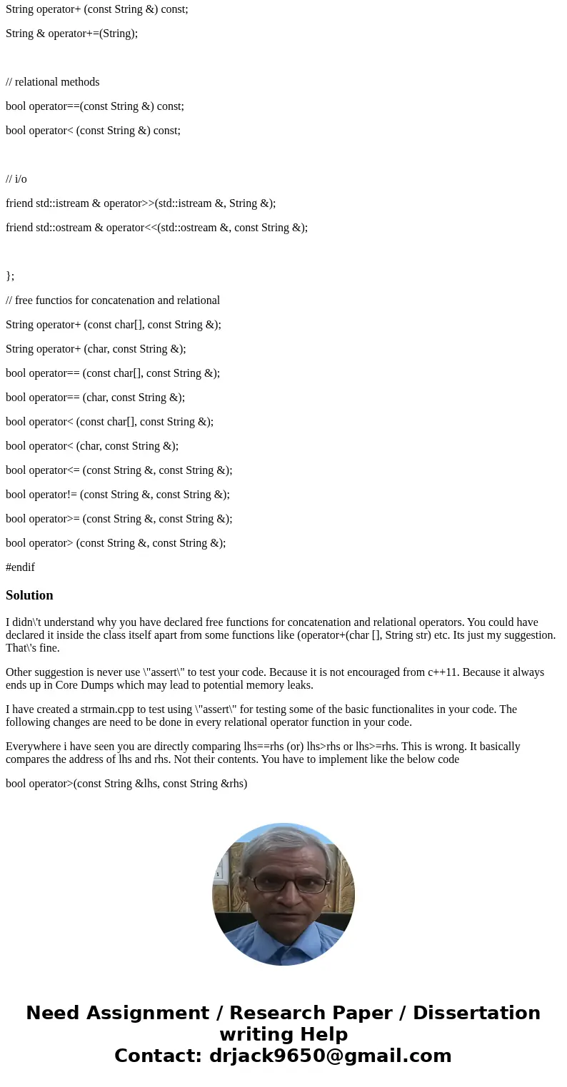 Write test cases in C++ for the following code using #using <cassert> to test every method and function implemented within the String class. These should 