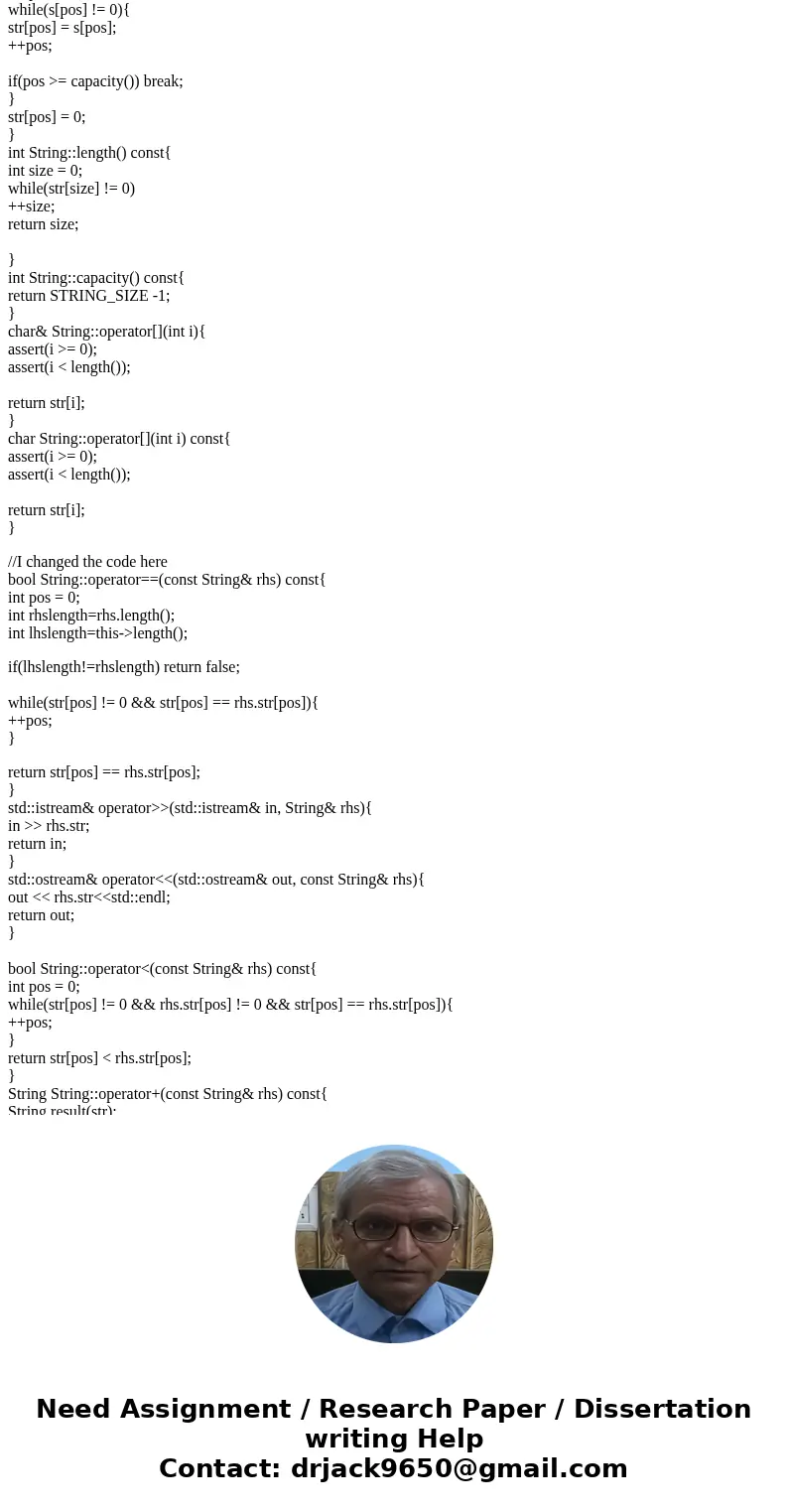 Write test cases in C++ for the following code using #using <cassert> to test every method and function implemented within the String class. These should 