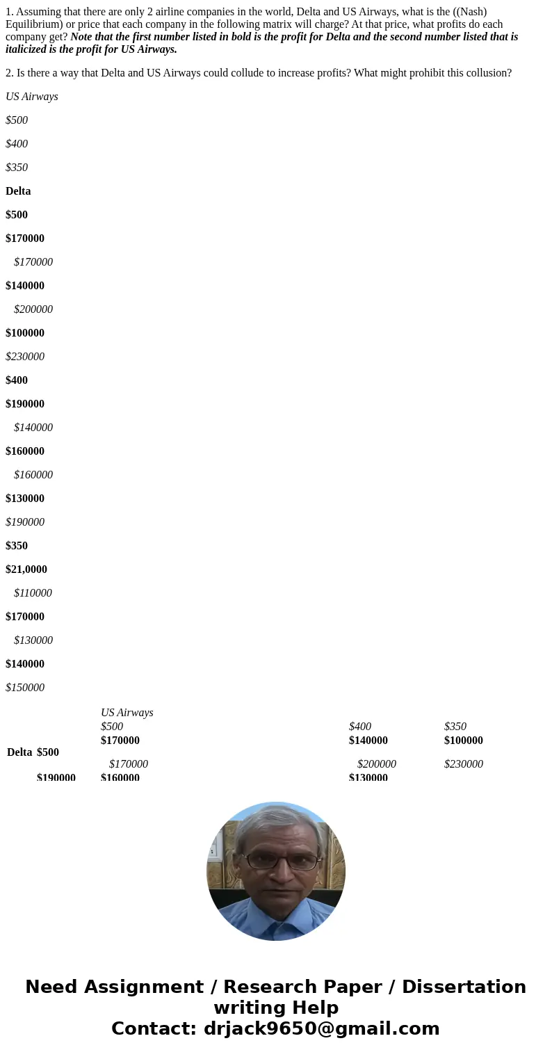 1. Assuming that there are only 2 airline companies in the world, Delta and US Airways, what is the ((Nash) Equilibrium) or price that each company in the follo