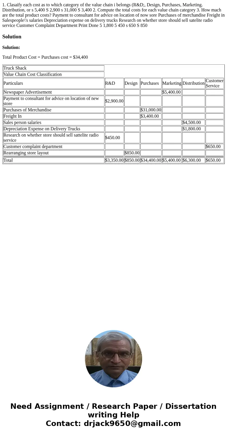  1. Clasaify each cost as to which category of the value chain i belongs (R&D;, Design, Purchases, Marketing. Distribution, or s 5,400 S 2,900 s 31,000 S 3,